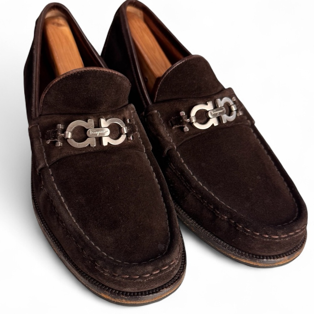 Ferragamo Men's Gancini Brown Suede Leather Loafers Shoes Size 10.5